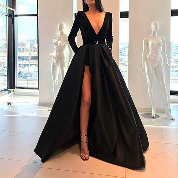 V-Neck Velvet Satin Evening Dress with Pockets - Picture 2 of 3